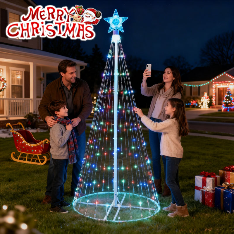 Outdoor Power For Christmas Lights - Solarbetriebene LED-Wasserfall-Lichterkette, Weihnachtsbaumspitze, fünfzackiger Stern, Wasserfall-Design,