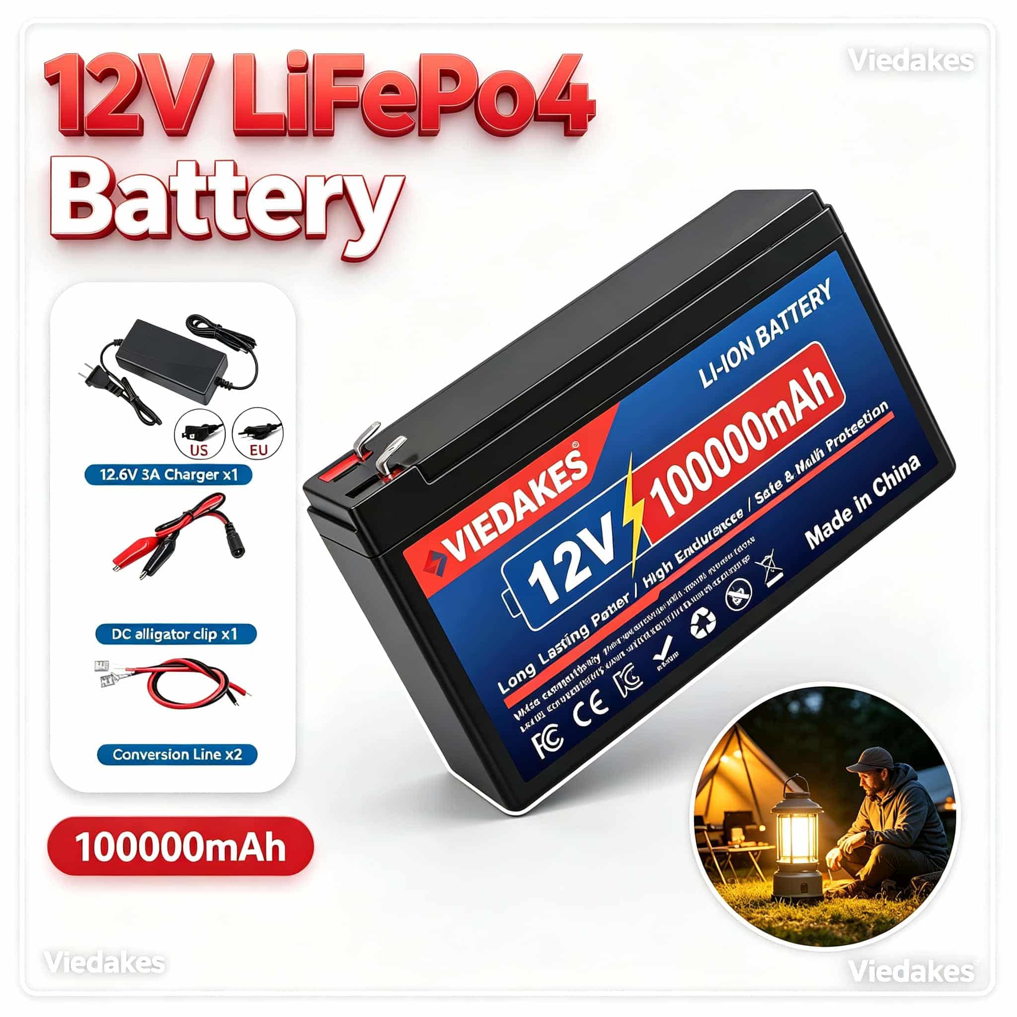 Outdoor Power Pack - VIEDAKES 12V LiFePO4 Wiederaufladbare Batterie 100000mAh